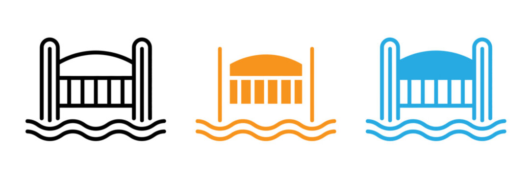Three variations of a lifeguard tower icon in black orange and blue colors