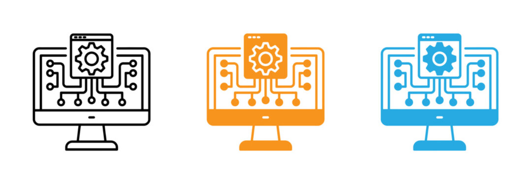 Computer monitor with integrated circuit and mobile phone illustration in three color variations