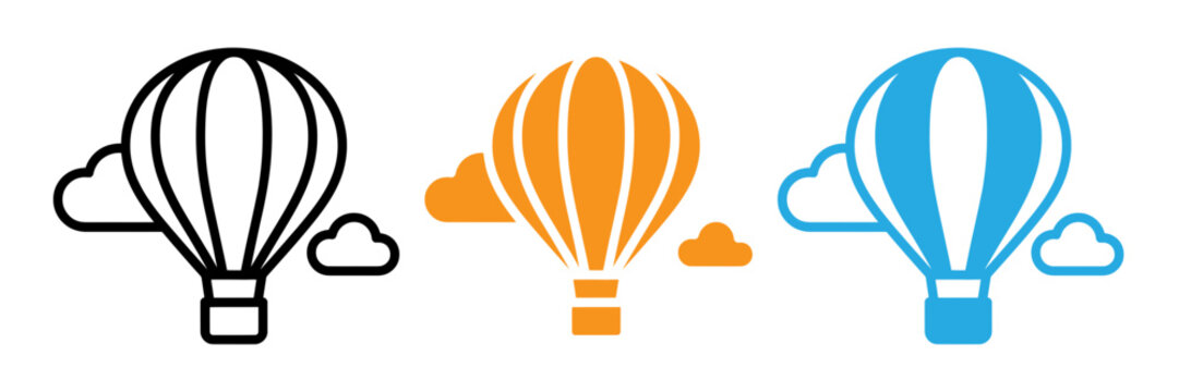 Set of three hot air balloons in different colors with cloud details