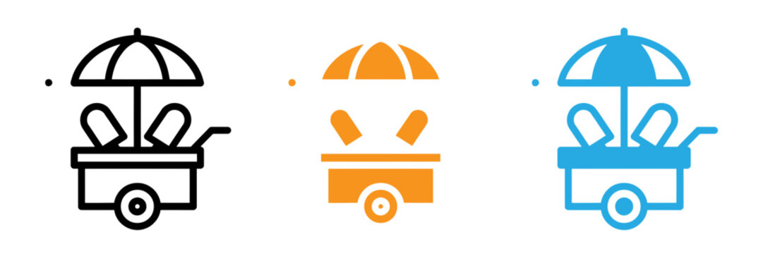 Hot dog cart icon set in black outline flat orange and flat blue styles