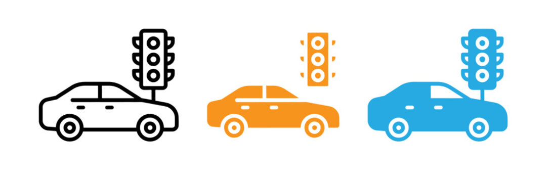 Three colorful cars with traffic lights above them in a simple graphic style