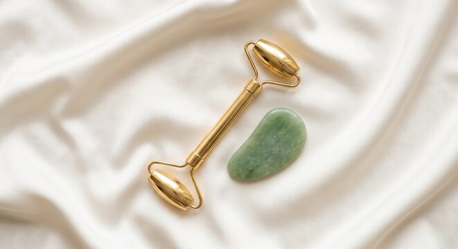 Luxury gold face roller and green jade gua sha stone on elegant white silk fabric for skincare and beauty treatment