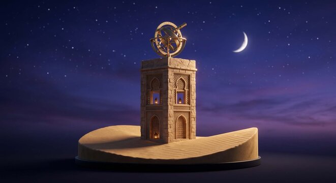 An intricate minimal 3D diorama of an Arabian desert observatory featuring a sandstone watchtower and brass armillary sphere on a sand dune under twinkling stars.