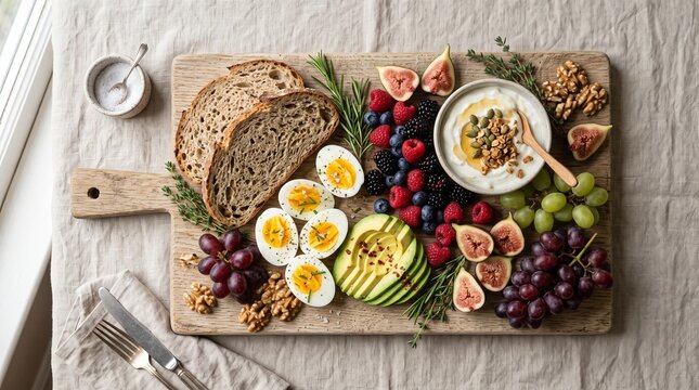 Rustic breakfast grazing board with boiled eggs and fresh fruit. Healthy brunch platter on wooden board. Mediterranean breakfast spread.