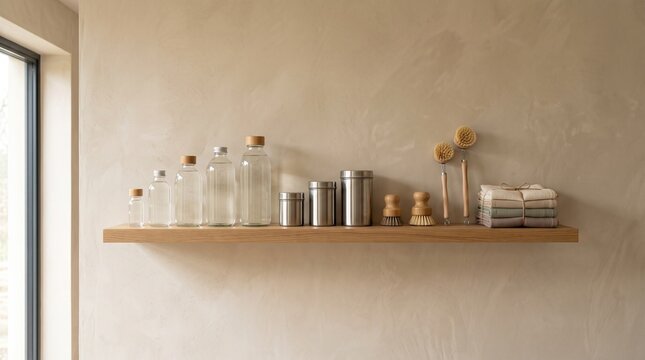 Minimalist wooden shelf with glass bottles and kitchen storage. Neutral beige plaster wall with organized pantry containers. Modern home interior decor.