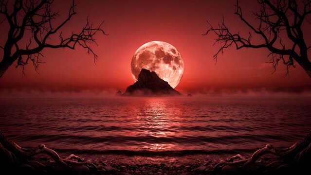 Blood moon rising over dark island. Red full moon in night sky above sea water. Silhouette of dead trees and rocks. Gothic landscape illustration