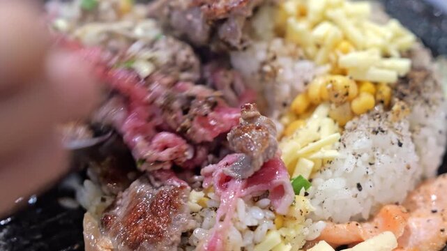 Hot pan rice topped with tender pork, salmon and melted cheese, creating a rich, savory dish with a satisfying combination of textures and flavors.