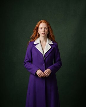 Vertical editorial cover portrait of an ethereal Irish model with copper hair, wearing a royal purple wool duster coat with a white collar against a dark green background.