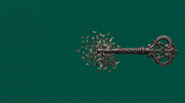 Ornate Iron Key Dissolving into Moths, Surreal Halloween Object on Emerald Background with Copy Space