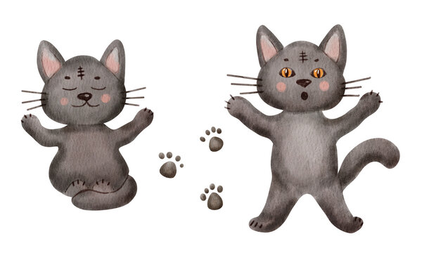 Cute Halloween black Cats with Stitched Foreheads and Paw Prints. Hand Painted Watercolor Illustration. Watercolor character illustration set suitable for stickers, cards, childrens designs, and