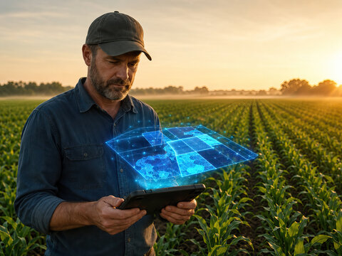A man is holding a tablet and examining a holographic map overlaid on a field of corn at sunset. The man wears a dark blue denim shirt