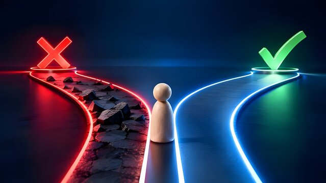 Wooden figure standing at a crossroads deciding between a broken red path of failure and a smooth glowing green path of success representing business choices