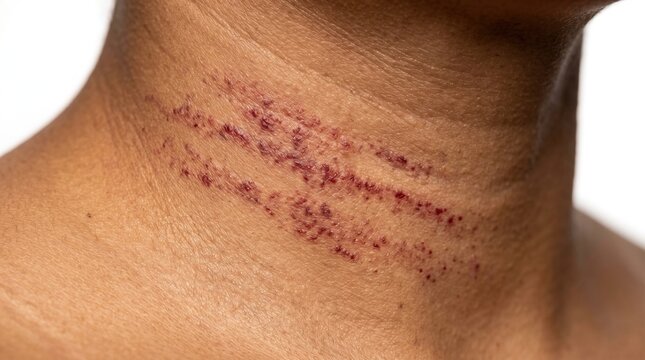 Close-up of linear red petechiae bruising or friction marks on an African American neck