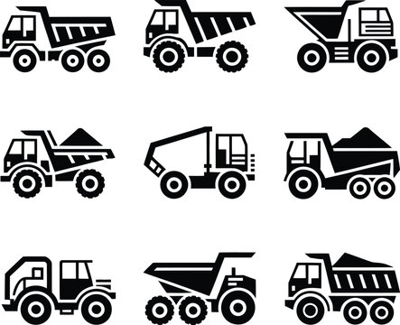 Set of black and white dump truck heavy machinery vehicle icons