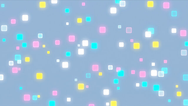 パステルブルーの空間にカラフルな四角い紙吹雪が漂う抽象的なCG背景