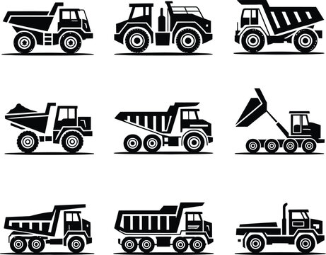 Set of black and white construction dump truck vehicle icons for industrial projects and heavy machinery design elements