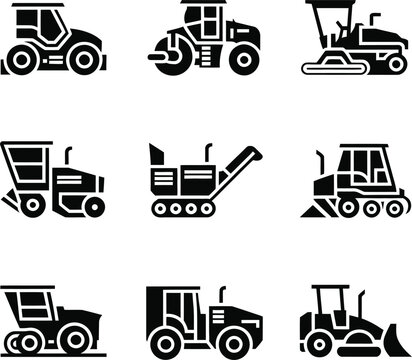 Set of black and white icons representing heavy construction and agricultural machinery vehicles