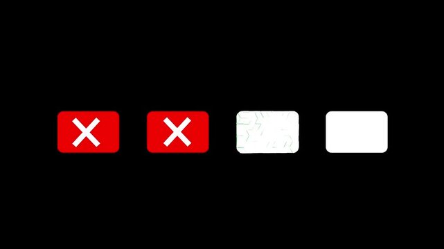 multiple choice selection quiz with four boxes revealing three wrong answers and one correct answer, animated check and cross symbols.
