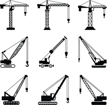 Set of black silhouette construction cranes and heavy industrial lifting machinery