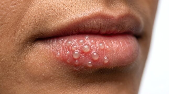 Close-up of herpes simplex virus blisters on human lips, cold sore viral infection macro