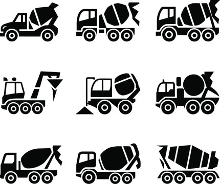 Set of black silhouette vector icons representing various concrete mixer construction trucks