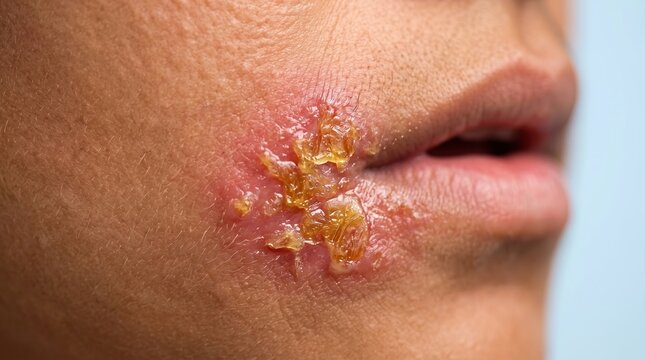Crusting stage of a cold sore on the lip corner, herpes simplex or angular cheilitis close-up