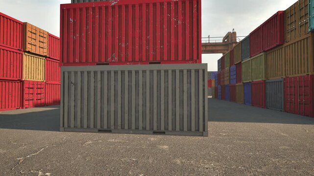 Import export transportation concept, walking through stacked colorful cargo at cargo container yard. 3d animation.