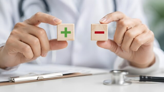 Doctor Holding Plus And Minus Wooden Blocks Medical Choice Decision
