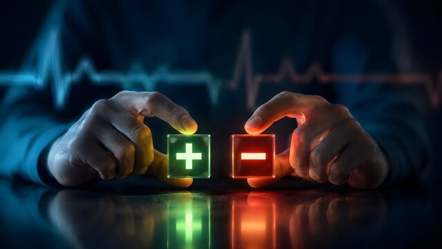 Medical Plus And Minus Neon Glow Blocks In Doctor Hands