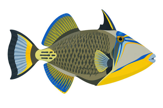 Colorful triggerfish illustration isolated on white with blue yellow fins
