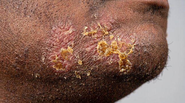 Severe honey-colored crusts on dark facial skin, macro view of impetigo or infected eczema lesion