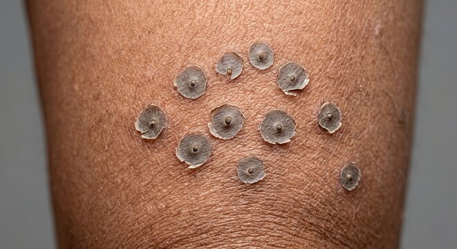 Macro photography of circular scaly skin lesions on dark skin, dermatological hyperkeratotic papules