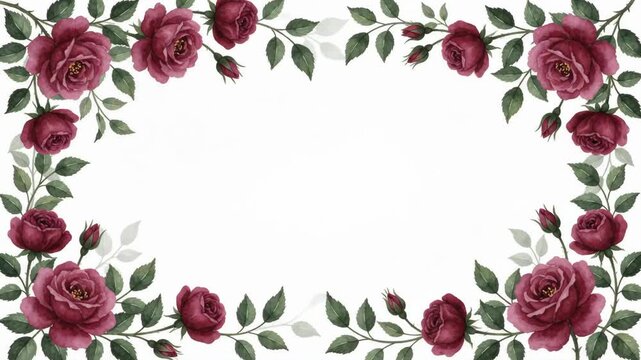 Elegant watercolor floral frame with burgundy roses and green leaves, perfect for invitations and decorative designs.