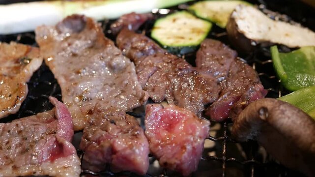 Grilled meat and vegetable on a stainless steel mesh over a charcoal grill.