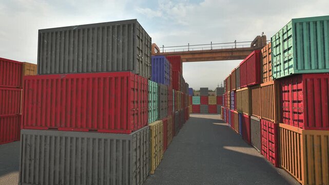 Industrial shipping terminal background, tracking shot in cargo container yard outdoor. 3d animation.