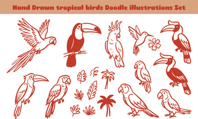 Fototapeta premium Hand drawn tropical birds doodle illustrations set isolated on white background collection exotic animals pack playful sketch elements detailed.