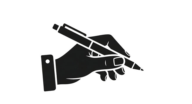 Hand holding a pen icon for writing or signing documents isolated on white background