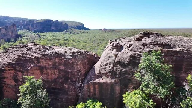 Camera pans over a sunlit canyon rim with red sandstone cliffs and an endless caatinga forest stretching beneath a clear blue sky in Serra da Capivara Brazil
