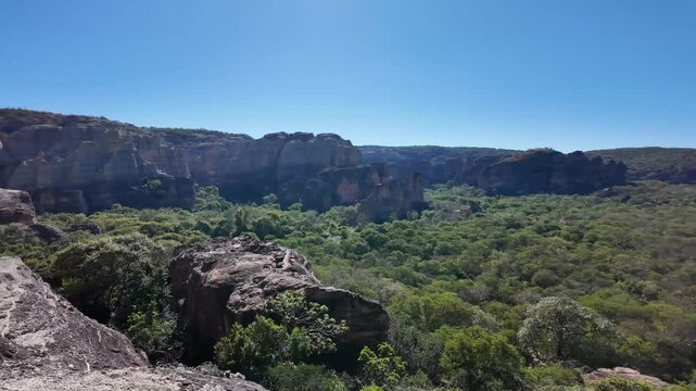 A wide panorama reveals caatinga forest plains scattered rock outcrops and a distant mesa beneath clear blue skies in Serra da Capivara National Park Brazil