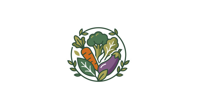 Circular organic vegetable emblem with carrot and broccoli.