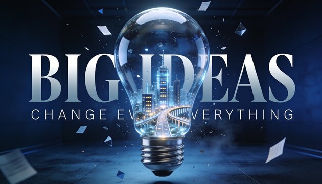 Spectacular translucent light bulb containing a miniature glass and chrome city, surrounded by suspended paper fragments in a dark cobalt studio, with dramatic lighting and bold BIG IDEAS typography.