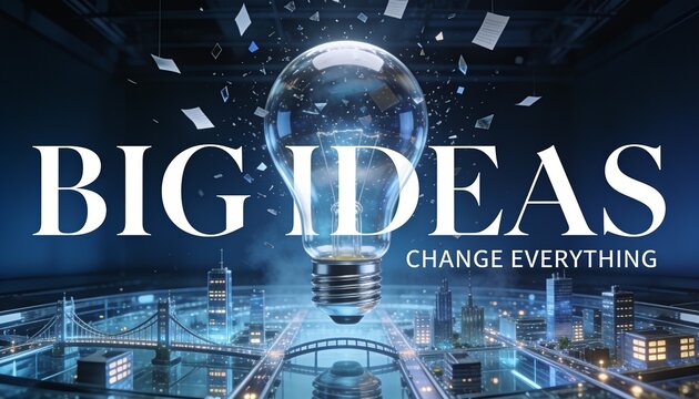 Spectacular translucent light bulb containing a miniature glass and chrome city, surrounded by suspended paper fragments in a dark cobalt studio, with dramatic lighting and bold BIG IDEAS typography.