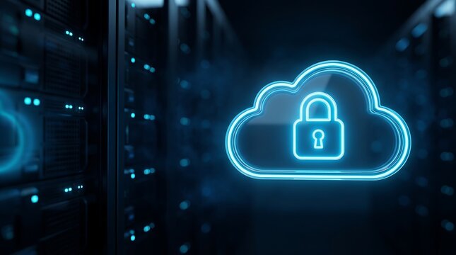 Glowing neon cloud symbol with digital padlock overlay inside modern server room data center representing secure cloud storage and cybersecurity infrastructure for enterprise cloud computing