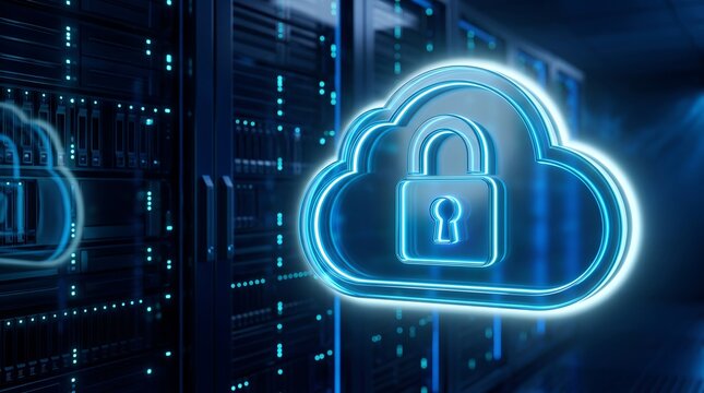 Holographic cloud security icon floating in dark server room aisle representing safe cloud data management and encrypted network infrastructure for global business technology solutions
