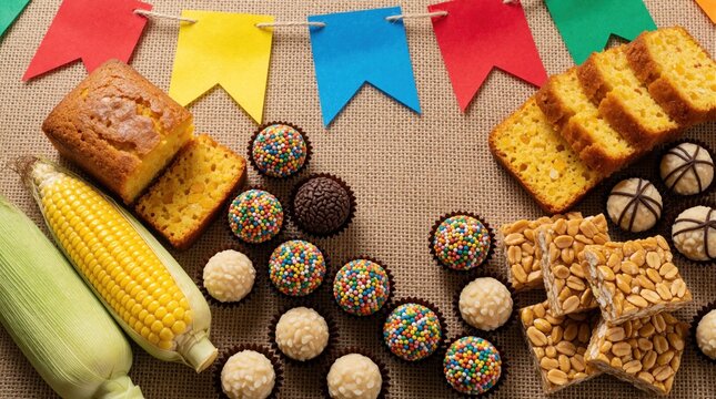 Brazilian Festa Junina sweet treats including corn cake, brigadeiros, and peanut brittle arranged on rustic burlap. Two ears of corn and colorful flag bunting complete festive food display.
