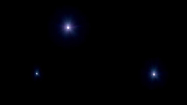 Three glowing blue light orbs on black background forming triangular cosmic abstract composition with bright center point and two softer fainter points in deep darkness