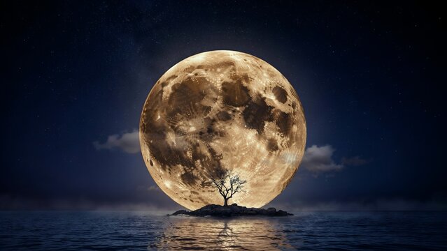 Full moon rising over ocean with lone tree silhouette. Giant golden moon over calm sea water. Night sky with stars and clouds
