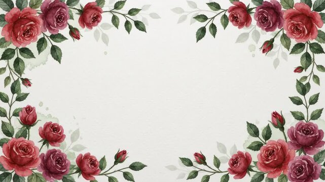 Elegant watercolor rose flower frame with green leaves, perfect for invitations and romantic designs.