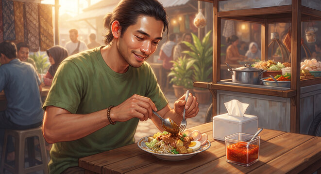 Smiling Asian man with long hair eating traditional gado gado at street food stall