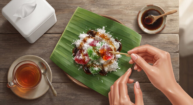 Top view of hands picking colorful traditional Indonesian cenil cake on banana leaf